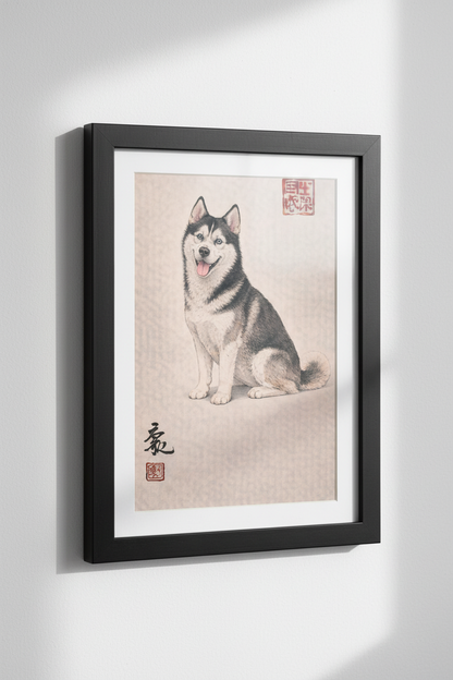 Siberian Husky Wall Art Print, Japanese Ukiyo-e Style Dog Poster, Hand-Drawn Pet Portrait, Dog Lover Home Decor, Animal Art Print