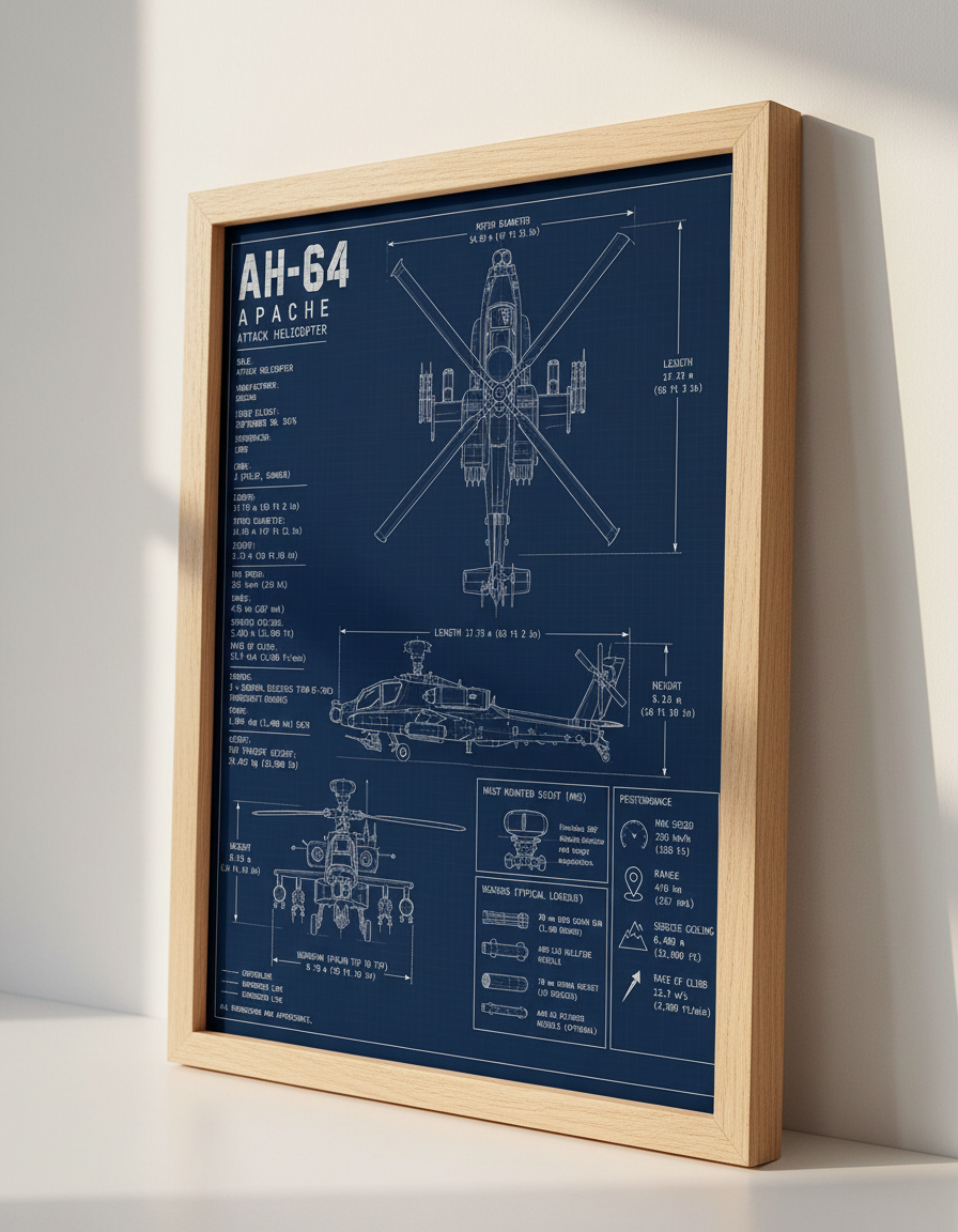 AH-64 Apache Blueprint Wall Art | Aviation Decor, Man Cave Poster, Gift for Him