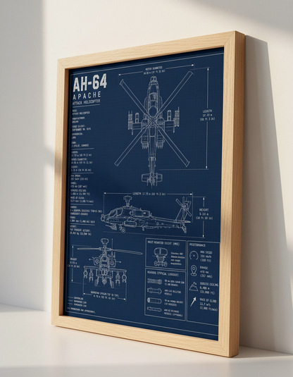 AH-64 Apache Blueprint Wall Art | Aviation Decor, Man Cave Poster, Gift for Him
