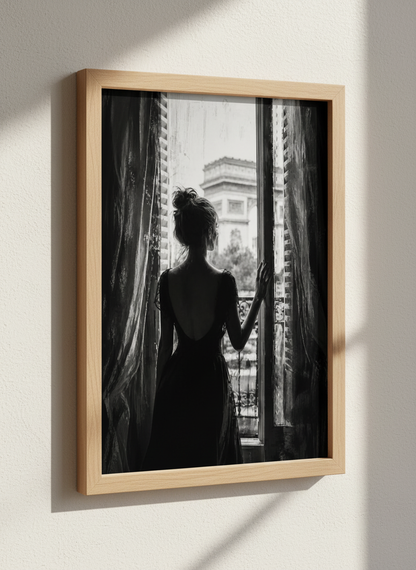 Woman in Paris Window Print | Black &amp; White Wall Art | Romantic France Decor