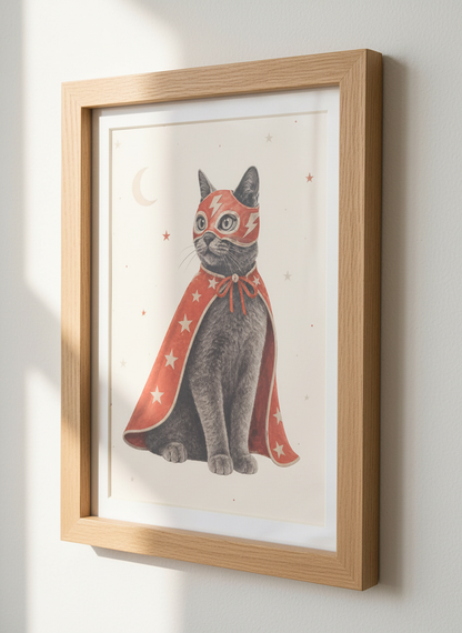 Superhero Cat Wall Art | Kids Room Decor | Whimsical Animal Poster Print