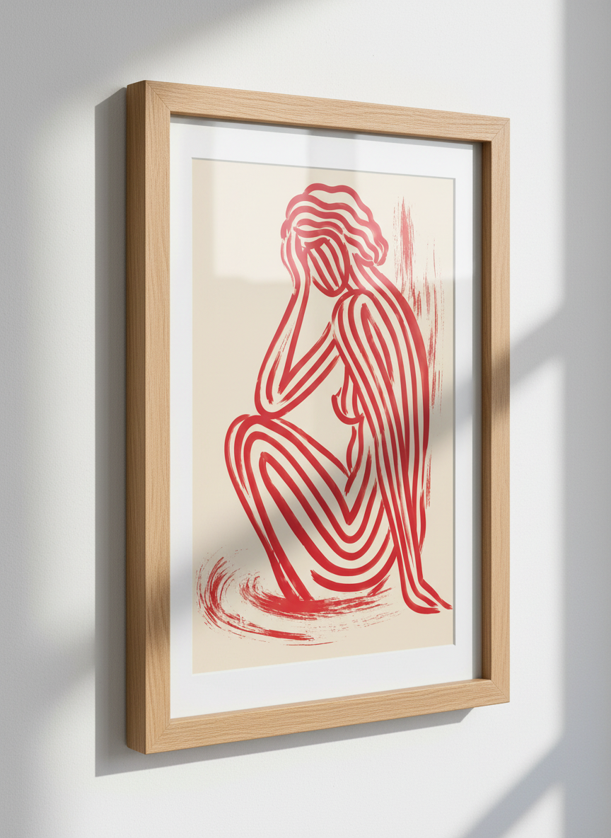 Abstract Nude Woman Line Art | Red Beige Modern Decor | Minimalist Body Poster Print
