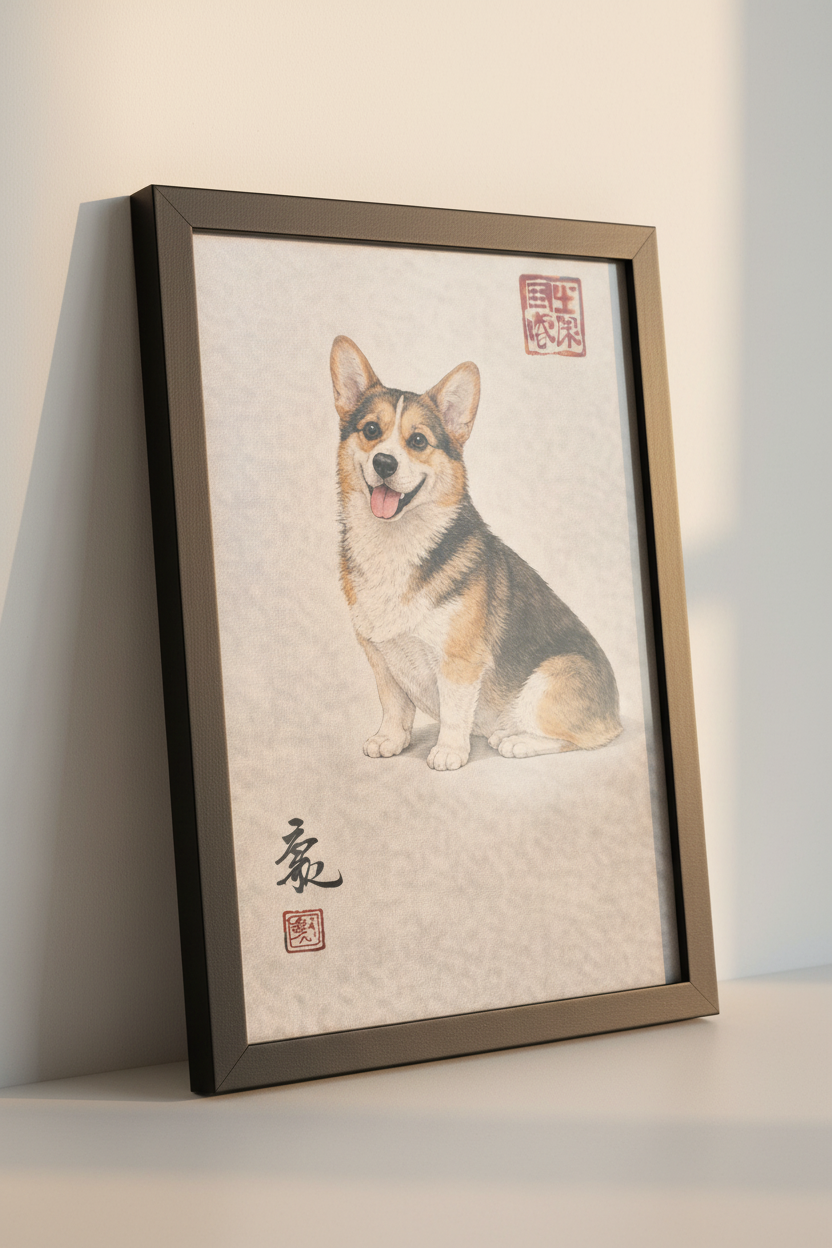 Corgi Wall Art Print, Happy Pembroke Welsh Corgi Poster, Oriental Dog Decor, Cute Puppy Home Hanging, Pet Lover Gift, Smiling Corgi Art