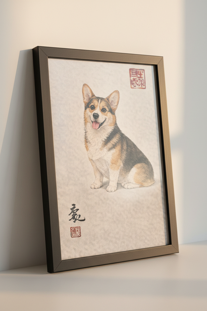 Corgi Wall Art Print, Happy Pembroke Welsh Corgi Poster, Oriental Dog Decor, Cute Puppy Home Hanging, Pet Lover Gift, Smiling Corgi Art