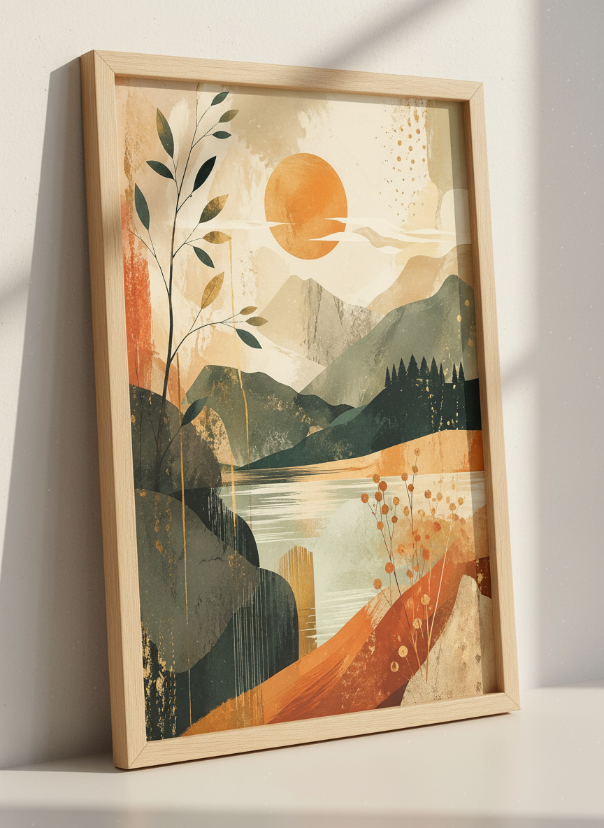 Abstract Mountain Lake Print | Boho Landscape Wall Art, Mid-Century Modern Decor