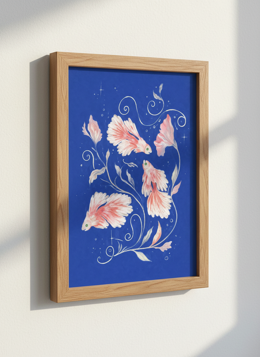 Pink Betta Fish Art Print | Blue Aesthetic Wall Decor, Nature Lover Gift