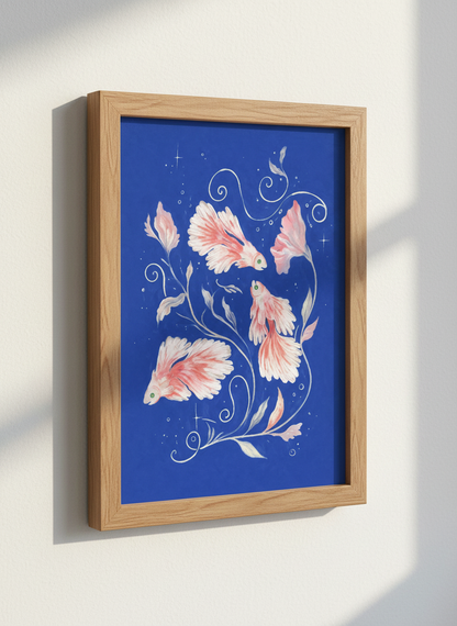 Pink Betta Fish Art Print | Blue Aesthetic Wall Decor, Nature Lover Gift