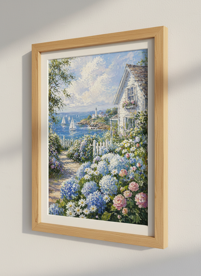 Coastal Lighthouse Painting | Nautical Seascape Wall Art, Cottage Core Decor Print