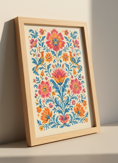 Mexican Folk Art Birds &amp; Flowers | Vibrant Floral Botanical Wall Decor Poster Print