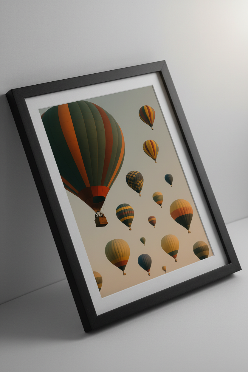 Minimalist Hot Air Balloon Wall Art Print | Boho Living Room Decor | Aesthetic Dreamy Sky Poster | Travel Art Unframed or Framed
