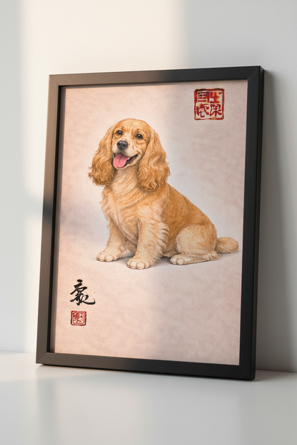 Cocker Spaniel Wall Art Print | Happy Dog Home Decor | Asian Art Style Pet Portrait | Puppy Lover Gift | Wall Hanging