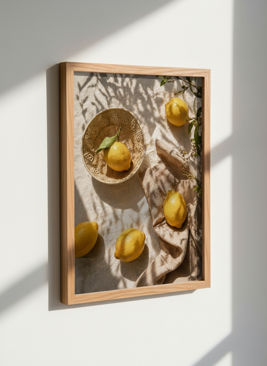 Rustic Lemon Bowl Wall Art Print | Kitchen Decor | Mediterranean Aesthetic Poster | Botanical Still Life Framed Print