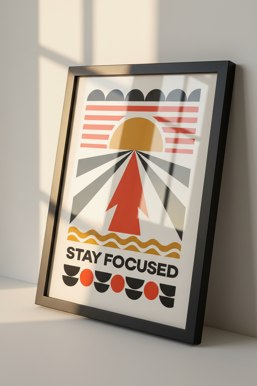 Stay Focused Arrow Sun Print | Abstract Inspirational Wall Art | Mid-Century Modern Poster | Geometric Home Decor Print