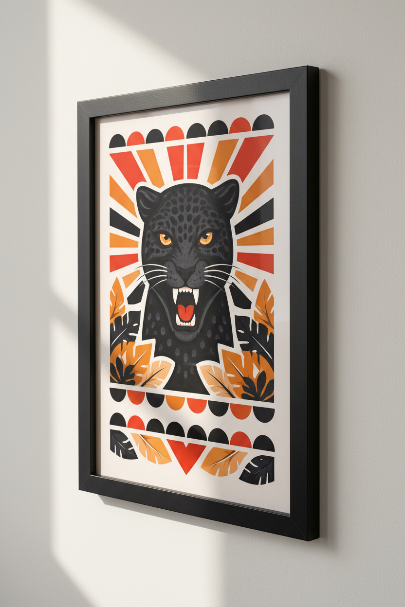 Fierce Black Panther Wall Art Print | Bold Geometric Jungle Decor | Roaring Wildlife Poster | Modern Animal Home Decor