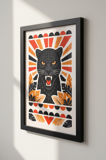 Fierce Black Panther Wall Art Print | Bold Geometric Jungle Decor | Roaring Wildlife Poster | Modern Animal Home Decor