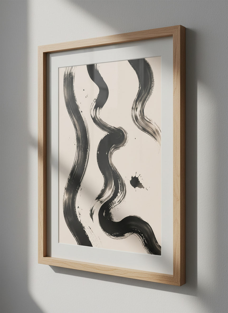 Abstract Ink Brush Strokes Wall Art | Minimalist Black Beige Decor | Zen Serene Poster