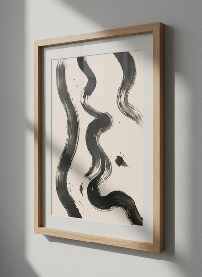 Abstract Ink Brush Strokes Wall Art | Minimalist Black Beige Decor | Zen Serene Poster