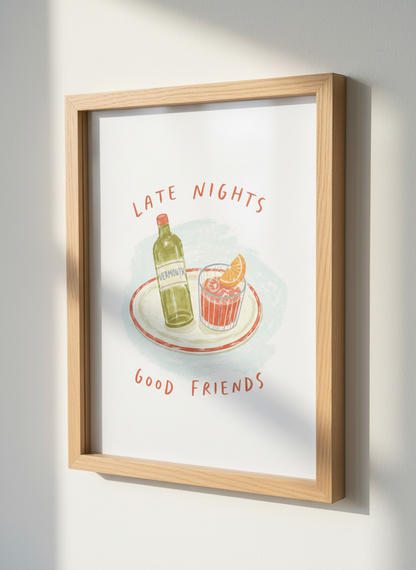 Minimalist Cocktail Wall Art Print | Kitchen Decor | Bar Cart Aesthetic Poster | Late Nights Good Friends Art