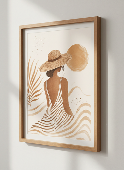Boho Beach Woman Art | Minimalist Neutral Wall Decor | Coastal Aesthetic Poster Print