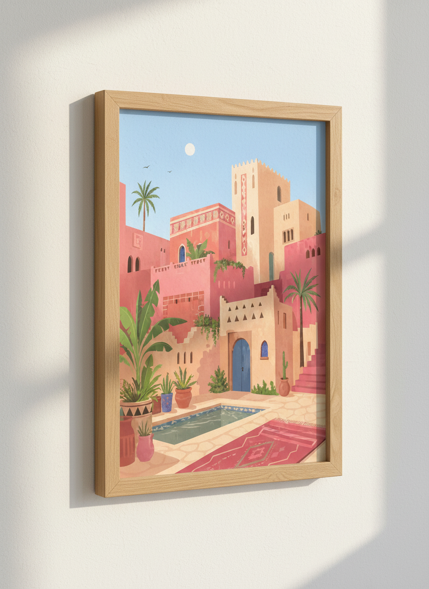 Bohemian Moroccan Courtyard Wall Art Print | Boho Bedroom Decor | Mediterranean Travel Poster | Pink Desert Landscape Aesthetic