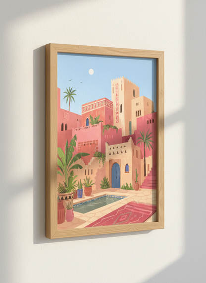 Bohemian Moroccan Courtyard Wall Art Print | Boho Bedroom Decor | Mediterranean Travel Poster | Pink Desert Landscape Aesthetic
