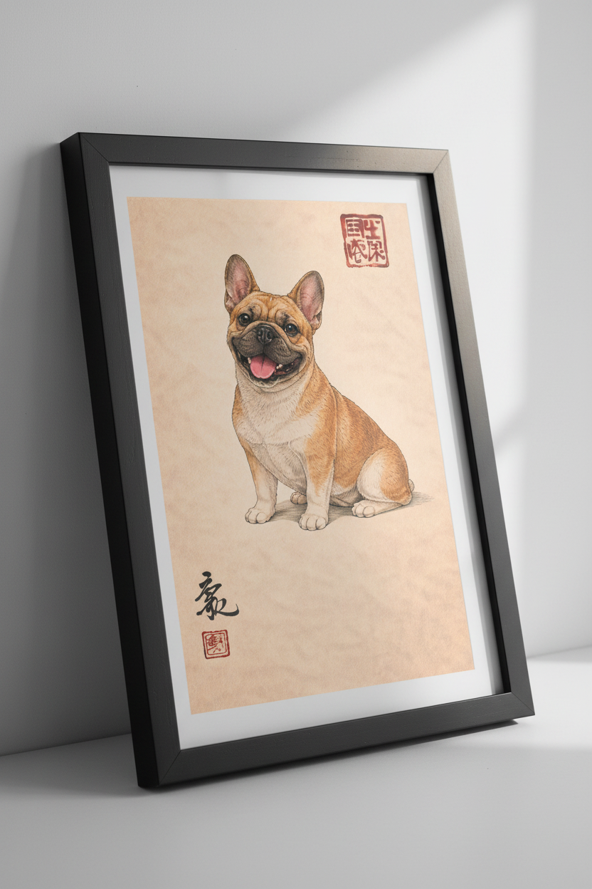 Happy French Bulldog Art Print - Smiling Fawn Frenchie Poster Wall Decor with Japanese Calligraphy - Dog Lover Gift Wall Hanging