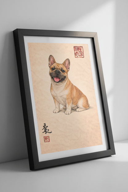 Happy French Bulldog Art Print - Smiling Fawn Frenchie Poster Wall Decor with Japanese Calligraphy - Dog Lover Gift Wall Hanging