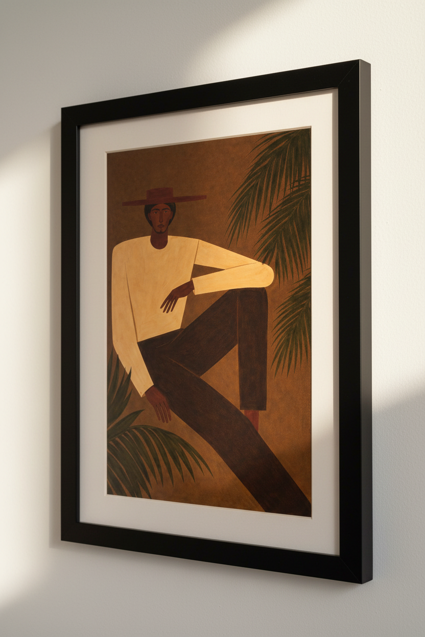 Minimalist Figure Art Print, Modern Boho Wall Art, Sitting Man with Palm Leaves Poster, Earth Tone Home Decor, Contemporary Wall Hanging