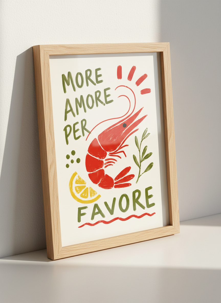 Shrimp Pasta Kitchen Wall Art Print | Italian Food Dining Room Decor | Brushstroke Poster