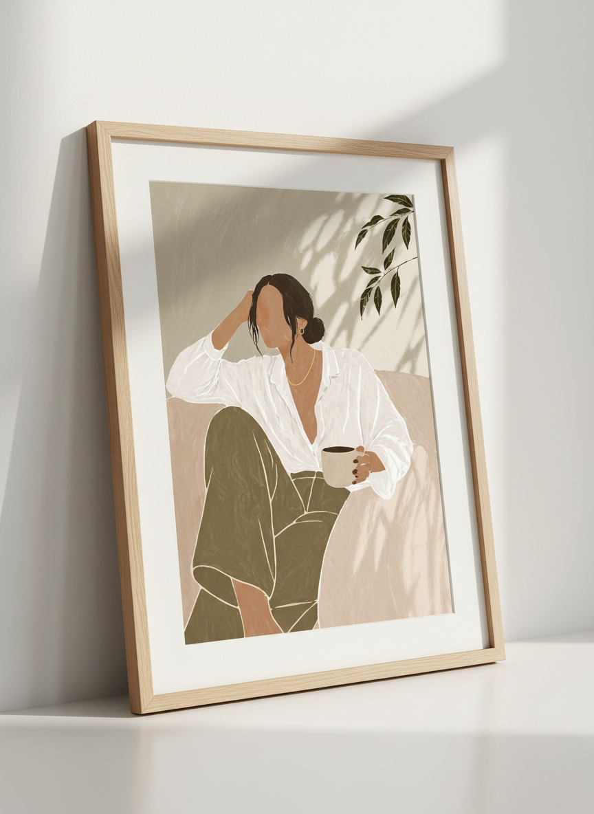 Woman Coffee Drink Minimalist Wall Art | Boho Living Room Decor | Neutral Abstract Poster