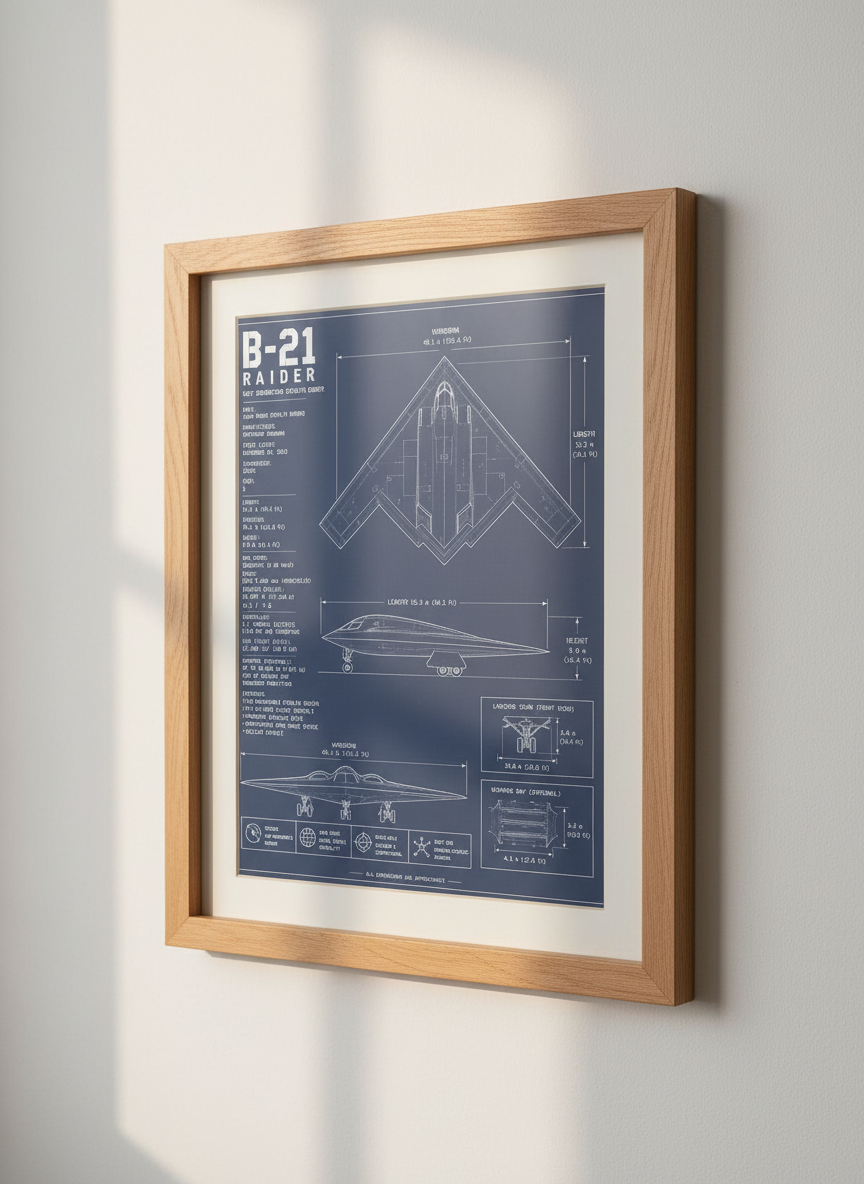B-21 Raider Blueprint | Stealth Bomber Airplane Wall Art | Man Cave Decor Gift