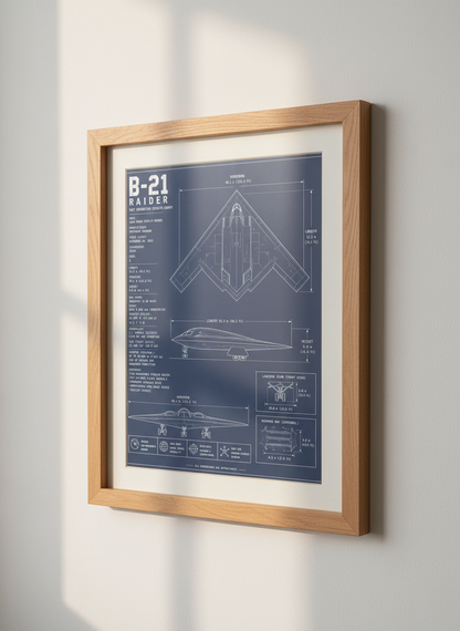 B-21 Raider Blueprint | Stealth Bomber Airplane Wall Art | Man Cave Decor Gift