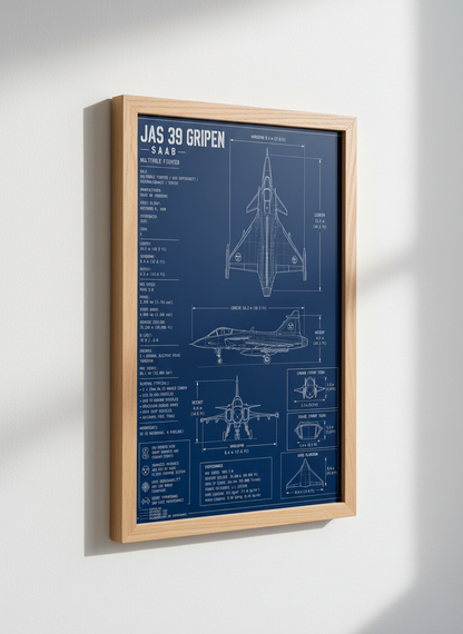 JAS 39 Gripen Fighter Blueprint Art | Aviation Decor, Man Cave Gift, Pilot Print