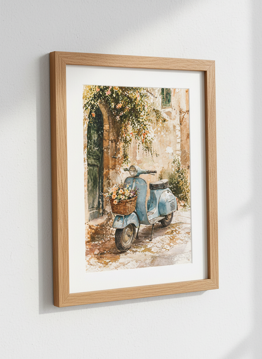 Italian Vespa Watercolor Art | Floral Scooter Print, Italy Wall Decor, Cottagecore