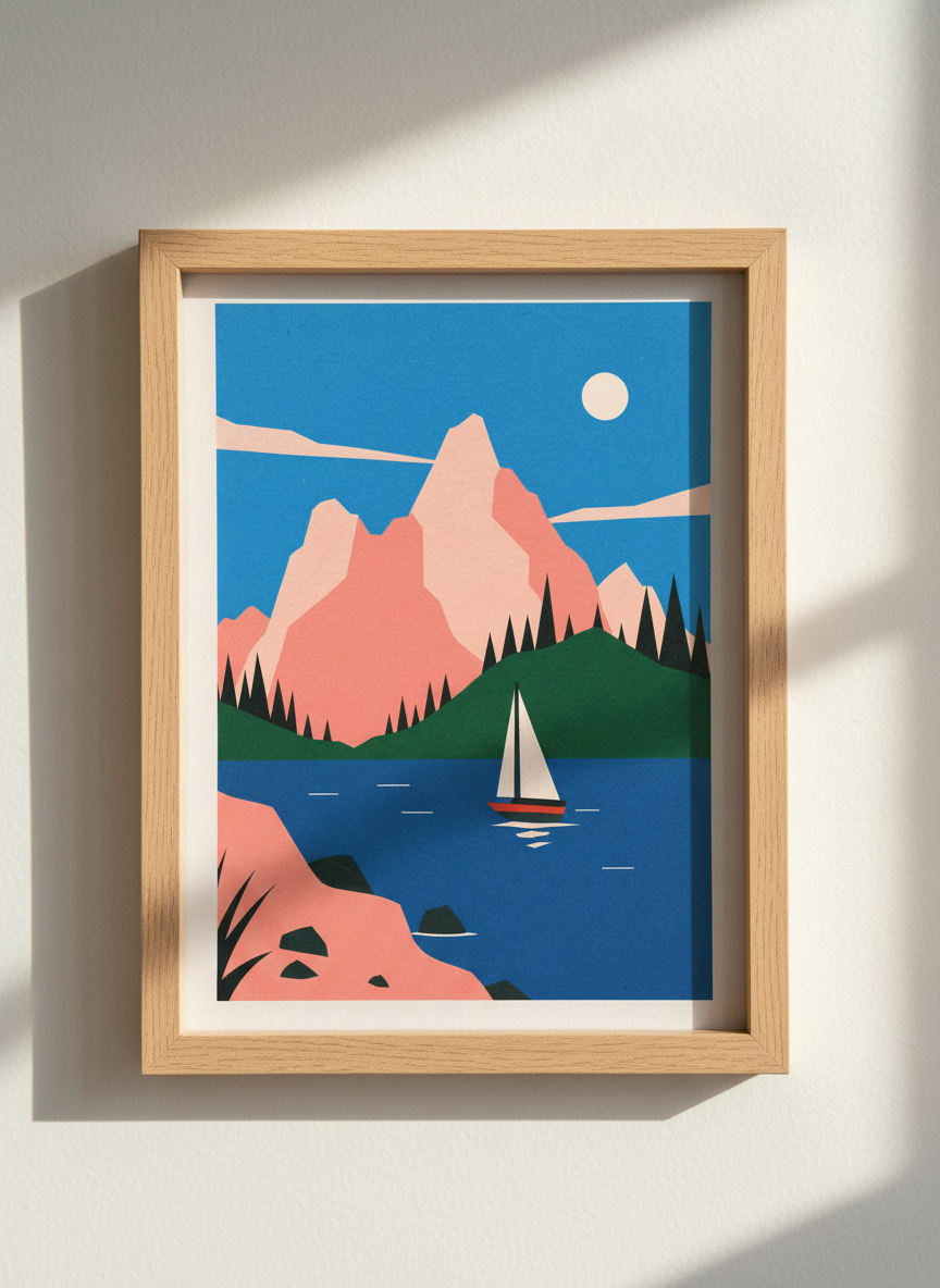 Sailboat Lake Mountain Art | Retro Landscape Print, Mid-Century Modern Decor