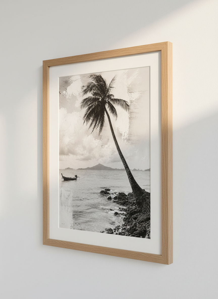 Coastal Palm Tree Beach Print | Zen Serene Landscape Art | Black White Coastal Decor