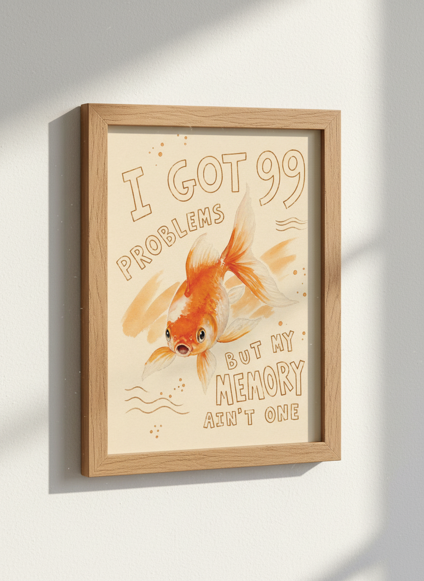 Goldfish Memory Pun Art | Funny Animal Kitchen Decor, Cute Humor Poster