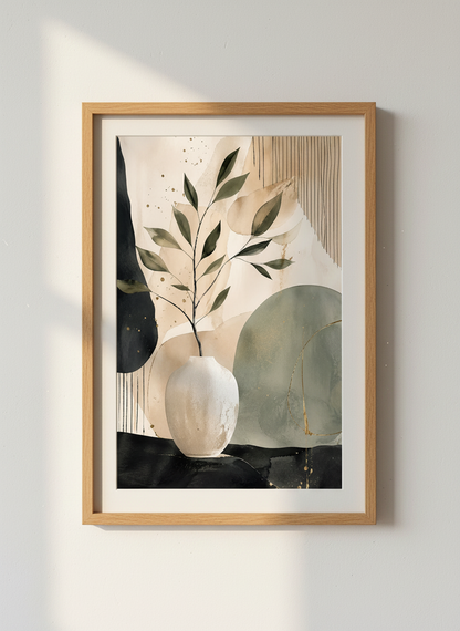 Abstract Botanical Art Print | Neutral Sage Green Gold Wall Decor | Modern Farmhouse