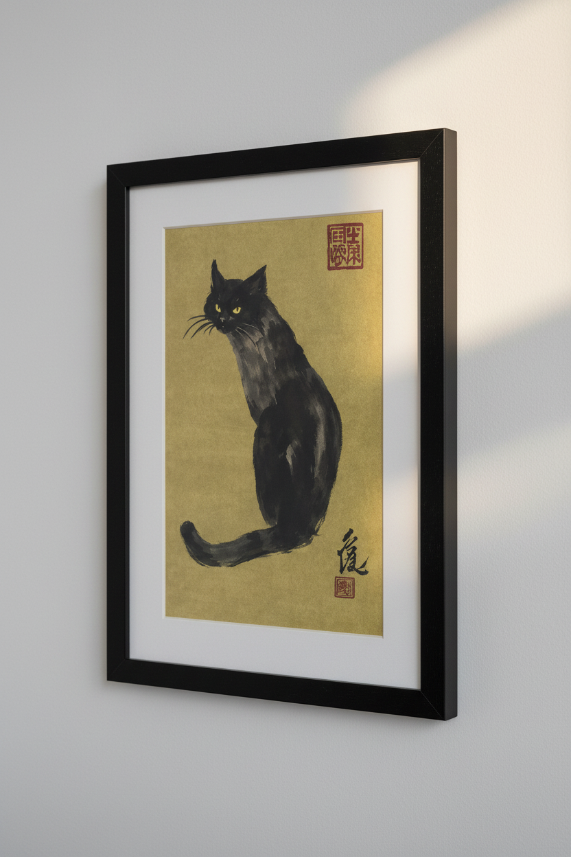 Black Cat Art Print, Japanese Sumi-e Ink Wash Painting, Gold Background, Zen Wall Art, Oriental Animal Home Decor, Framed Poster