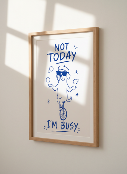 Funny Dog Busy Unicycle Juggling Print | Humorous Home Decor | Blue Line Art Poster