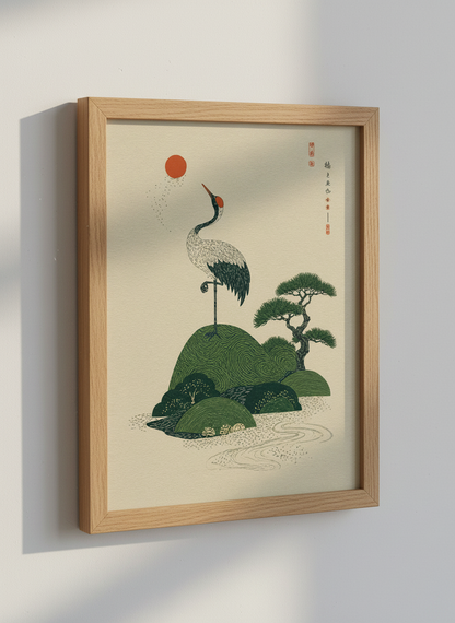 Zen Crane Ukiyo-e Print | Japanese Art Decor, Minimalist Living Room Art