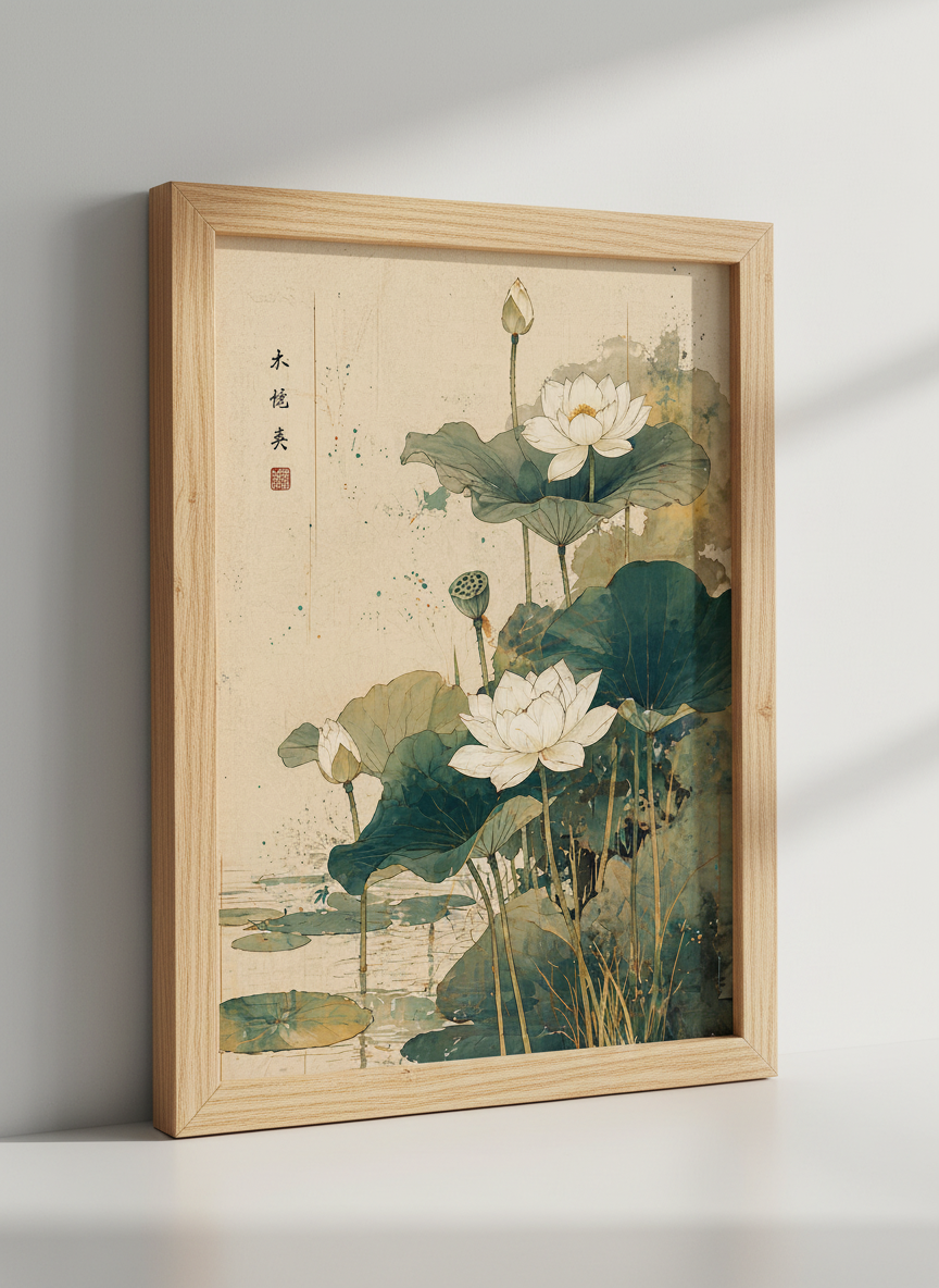 Chinese Watercolor Lotus Wall Art | Zen Decor Living Room | Botanical Aesthetic Poster