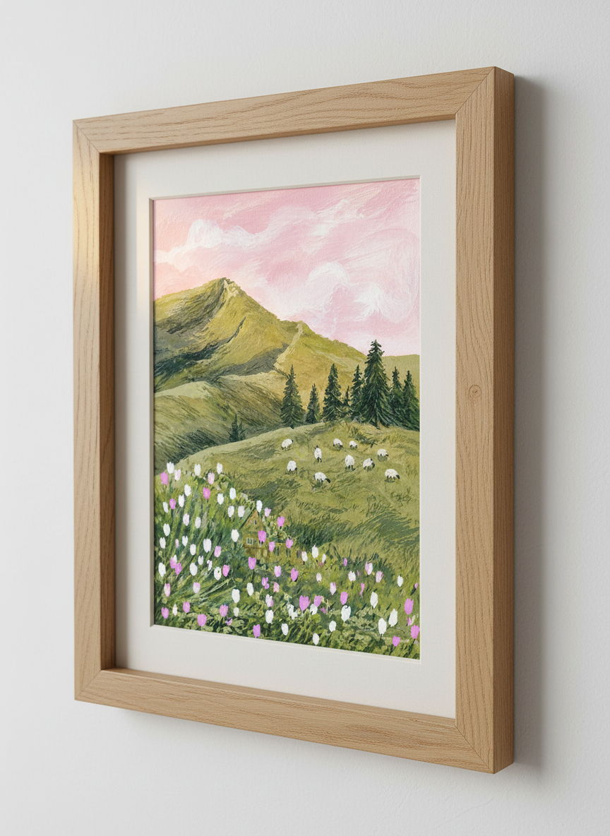 Pastoral Landscape Wall Art Print | Boho Bedroom Decor | Farmhouse Cottagecore Poster | Sheep Mountain Print | Pink Sky Art