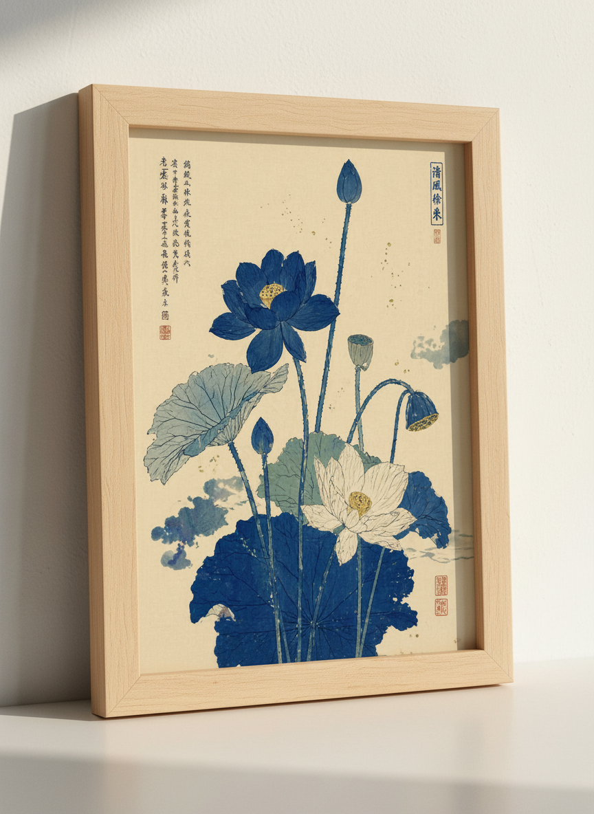 Zen Blue Lotus Flower Art Print | Japanese Aesthetic Wall Decor | Botanical Poster