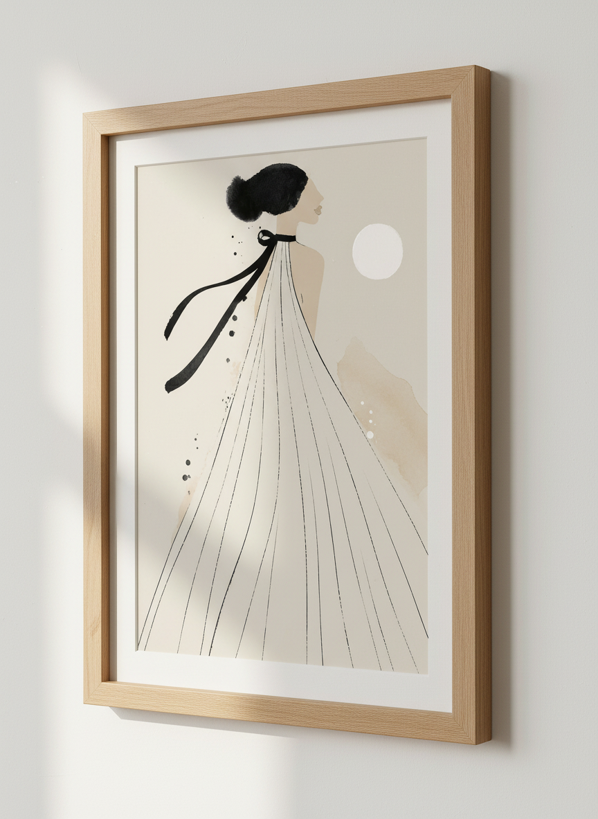Minimalist Fashion Woman Art | Abstract Elegant Decor | Beige &amp; Black Line Art Print