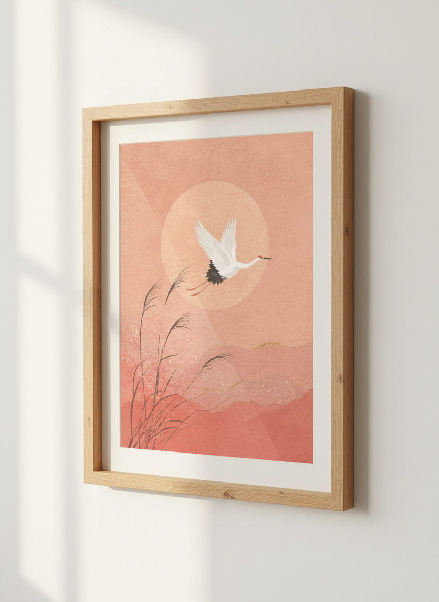 Japanese Crane Wall Art Print | Boho Living Room Decor | Pink Aesthetic Poster