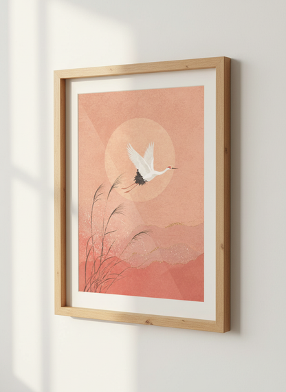Japanese Crane Wall Art Print | Boho Living Room Decor | Pink Aesthetic Poster