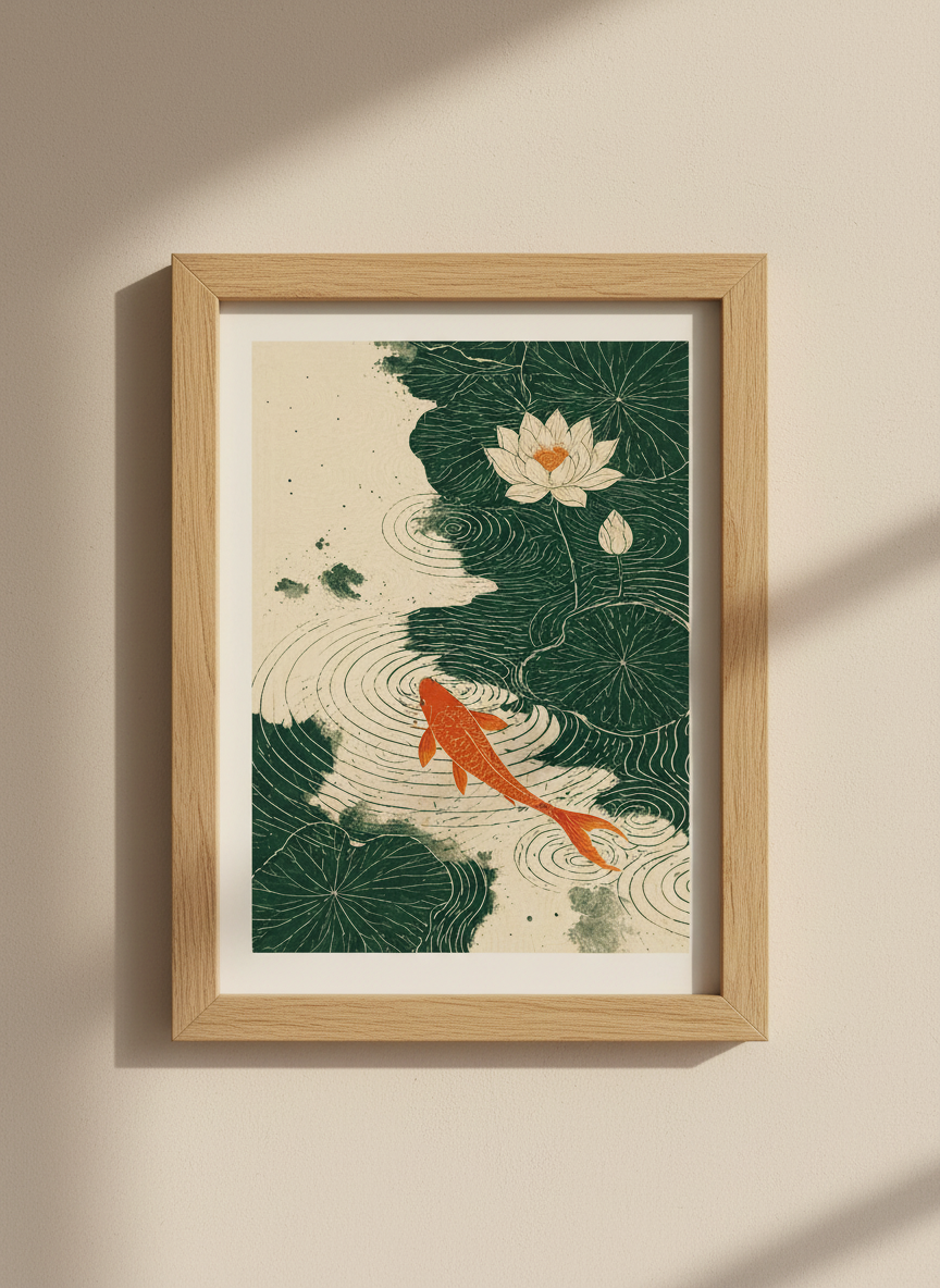 Zen Koi &amp; Lotus Pond Art Print | Japanese Aesthetic Wall Decor, Nature Lover Gift