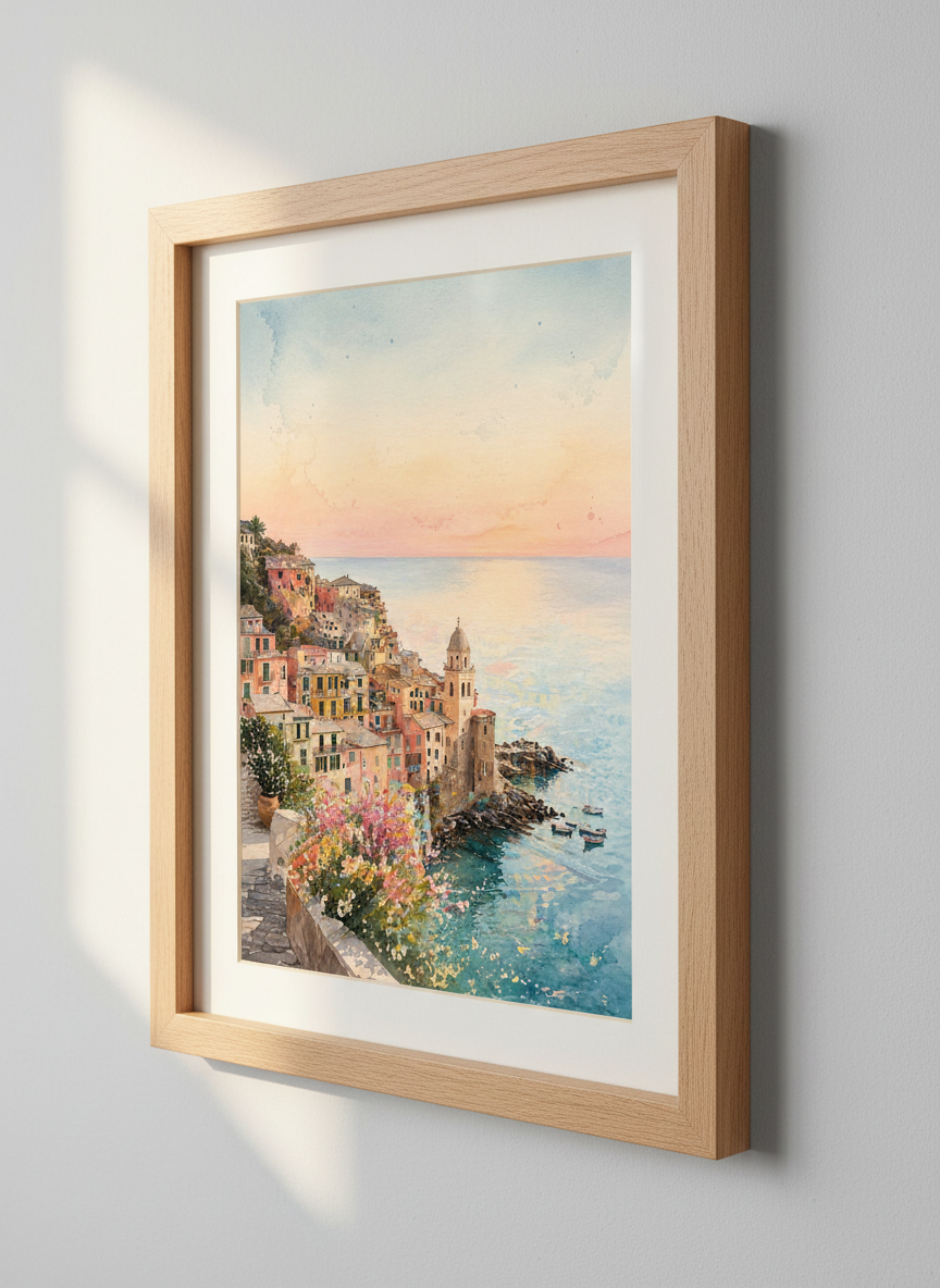 Cinque Terre Italy Art Print | Watercolor Coastal Landscape, Mediterranean Home Decor