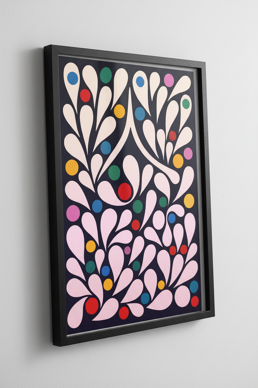 Abstract Floral Wall Art Print, Colorful Bauhaus Poster, Modern Mid Century Home Decor, Black and Pink Botanical Wall Hanging